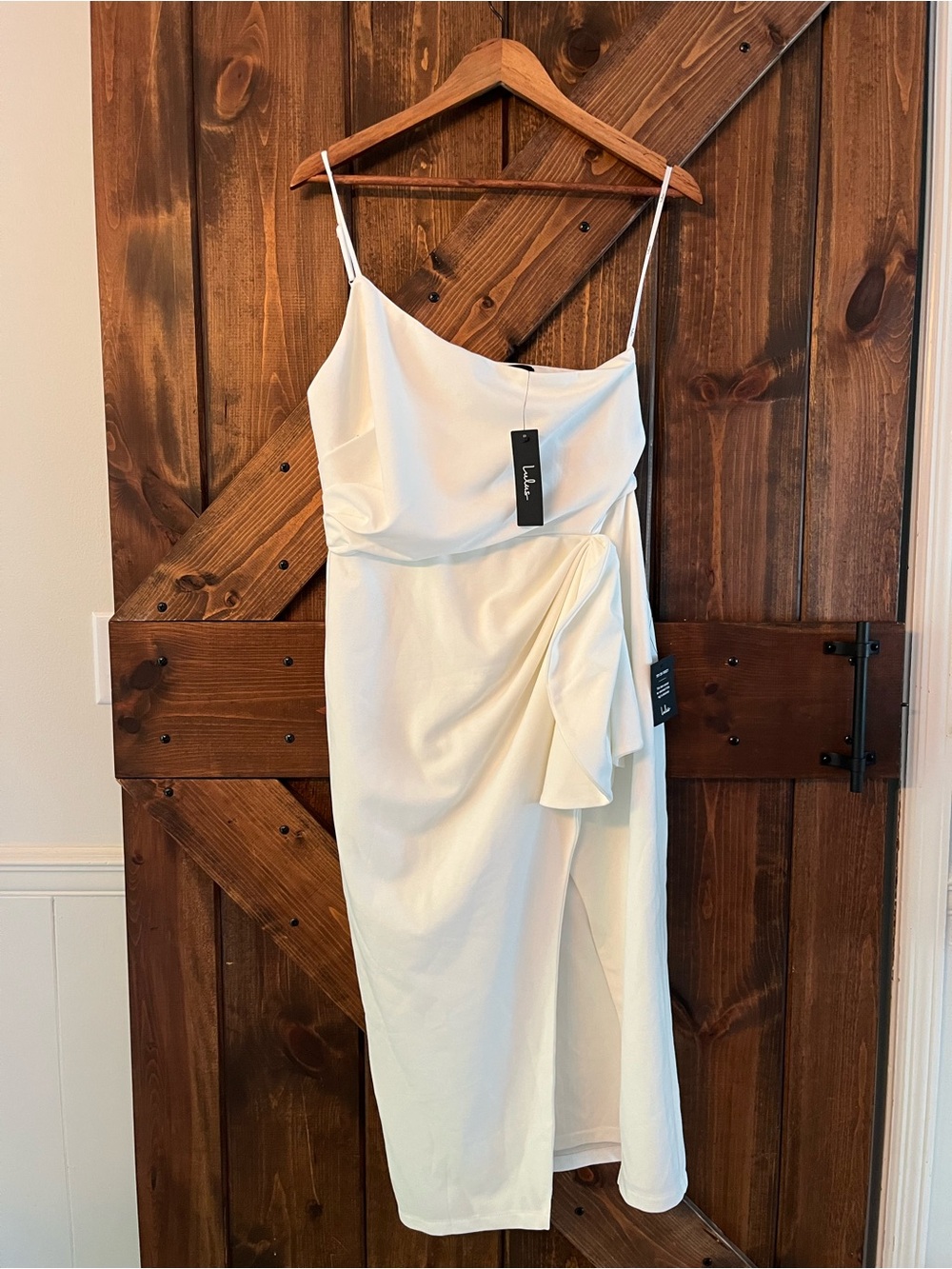 Lulus Elegant white one shoulder Slip Midi Dress w Side Drape Large NEW w TAGS